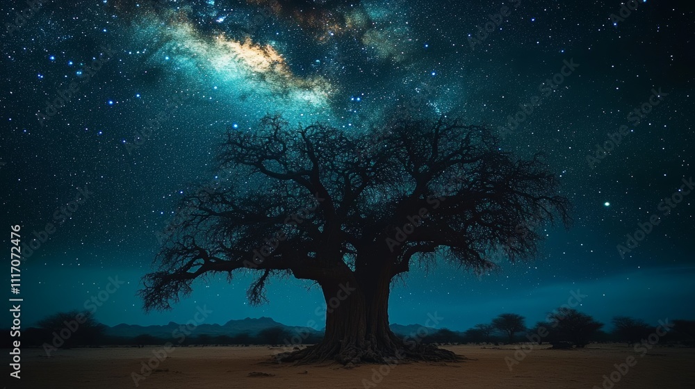 Starry Night Sky over a Leafless Baobab Tree in a Barren Landscape Starry Night Sky over a Leafless Baobab Tree in a Barren Landscape
