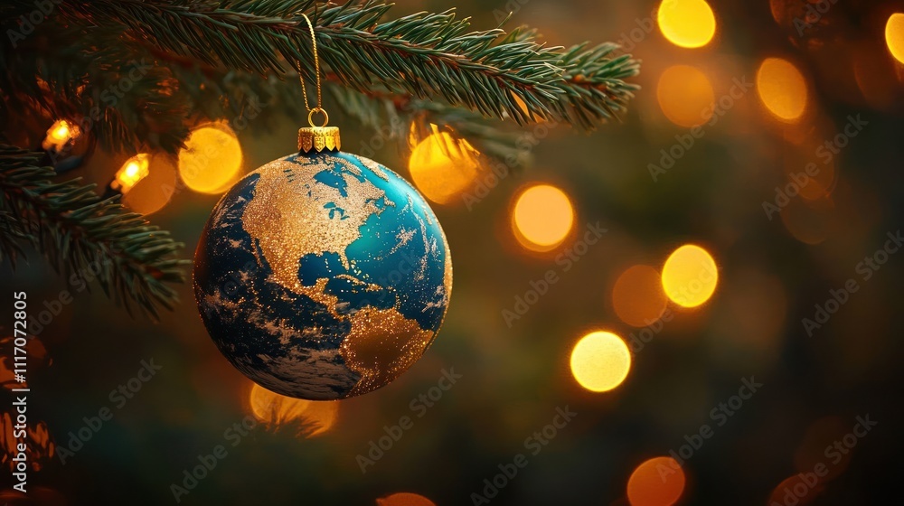 Christmas Earth Ornament Hanging from Tree with Bokeh Lights and Golden Hues Christmas Earth Ornament Hanging from Tree with Bokeh Lights and Golden Hues