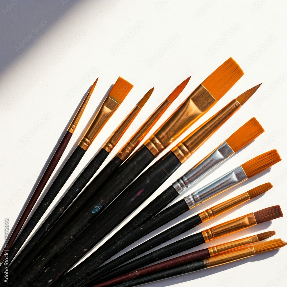 Watercolor brushes arranged in a scattered pattern.