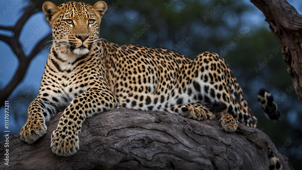 Illuminated by exquisite light, a female African Leopard, Panthera pardus, reclines on a lifeless tree, her eyes fixed on the camera, set against a moody dark sky Illuminated by exquisite light, a female African Leopard, Panthera pardus, reclines on a lifeless tree, her eyes fixed on the camera, set against a moody dark sky