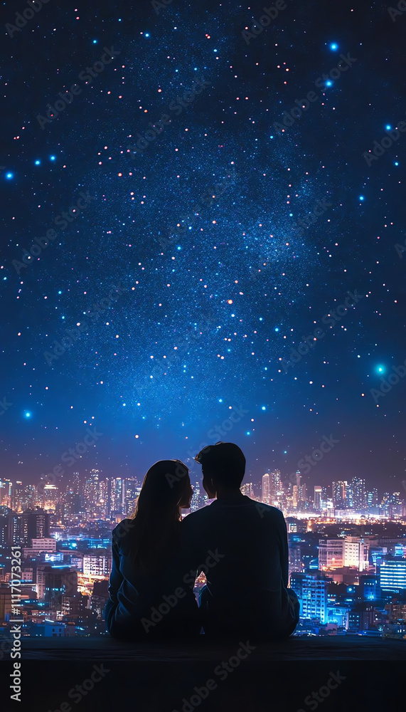 A romantic couple gazing at a starlit sky over a cityscape, capturing a moment of love and tranquility. A romantic couple gazing at a starlit sky over a cityscape, capturing a moment of love and tranquility.