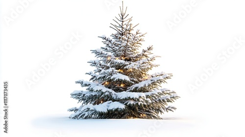 A Majestic Snow Covered Christmas Tree with Warm Lights Against a White Background A Festive Winter Wonderland Scene