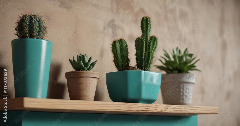 Low-angle shot of small cactus in teal ceramic pot on a wooden shelf or bookcase with some decorative items around it, plant home, greenery , desert plants Low-angle shot of small cactus in teal ceramic pot on a wooden shelf or bookcase with some decorative items around it, plant home, greenery , desert plants