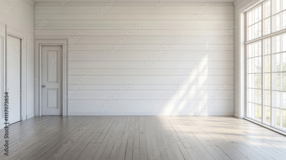 Obraz premium Modern farmhouse interior with shiplap walls and large windows, creating bright and airy atmosphere. muted tones enhance serene environment, perfect for cozy living space
