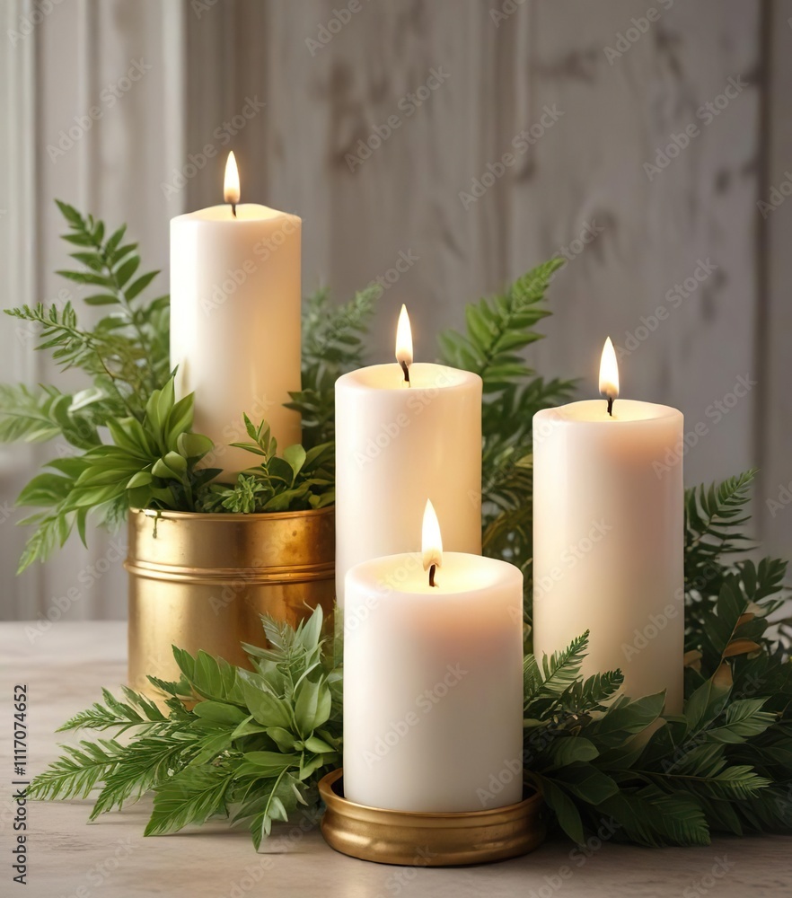 Luxurious white and gold candles with natural greenery centerpiece, holiday, glowing, flickering, Christmas, romantic Luxurious white and gold candles with natural greenery centerpiece, holiday, glowing, flickering, Christmas, romantic
