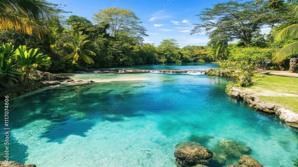 Crystal-clear turquoise river flows through lush green tropical jungle. Crystal-clear turquoise river flows through lush green tropical jungle.