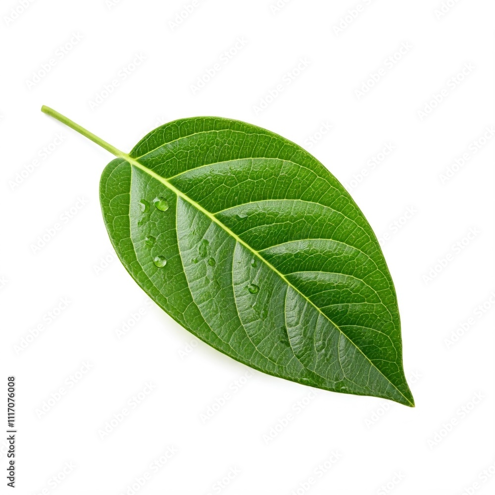 Fototapeta premium single green leaf with water droplets isolated on white background