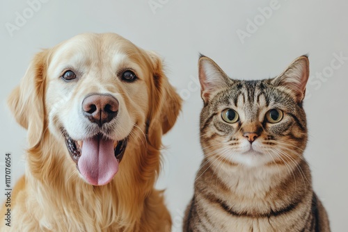 A joyful portrait of a golden retriever and a tabby cat side by side on a white background