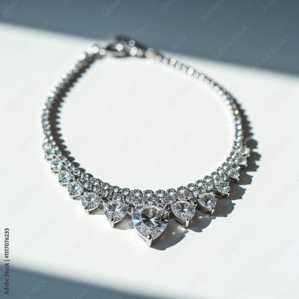 closeup of a sparkling diamond necklace on white background closeup of a sparkling diamond necklace on white background
