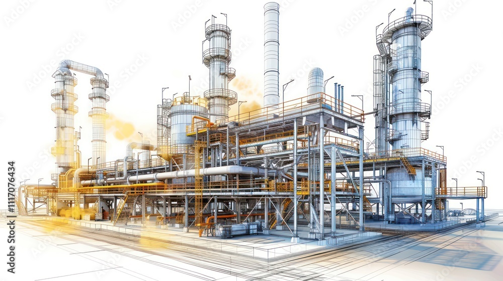 Industrial plant design rendering, showing complex refinery structure with pipes, towers, and infrastructure. Industrial plant design rendering, showing complex refinery structure with pipes, towers, and infrastructure.