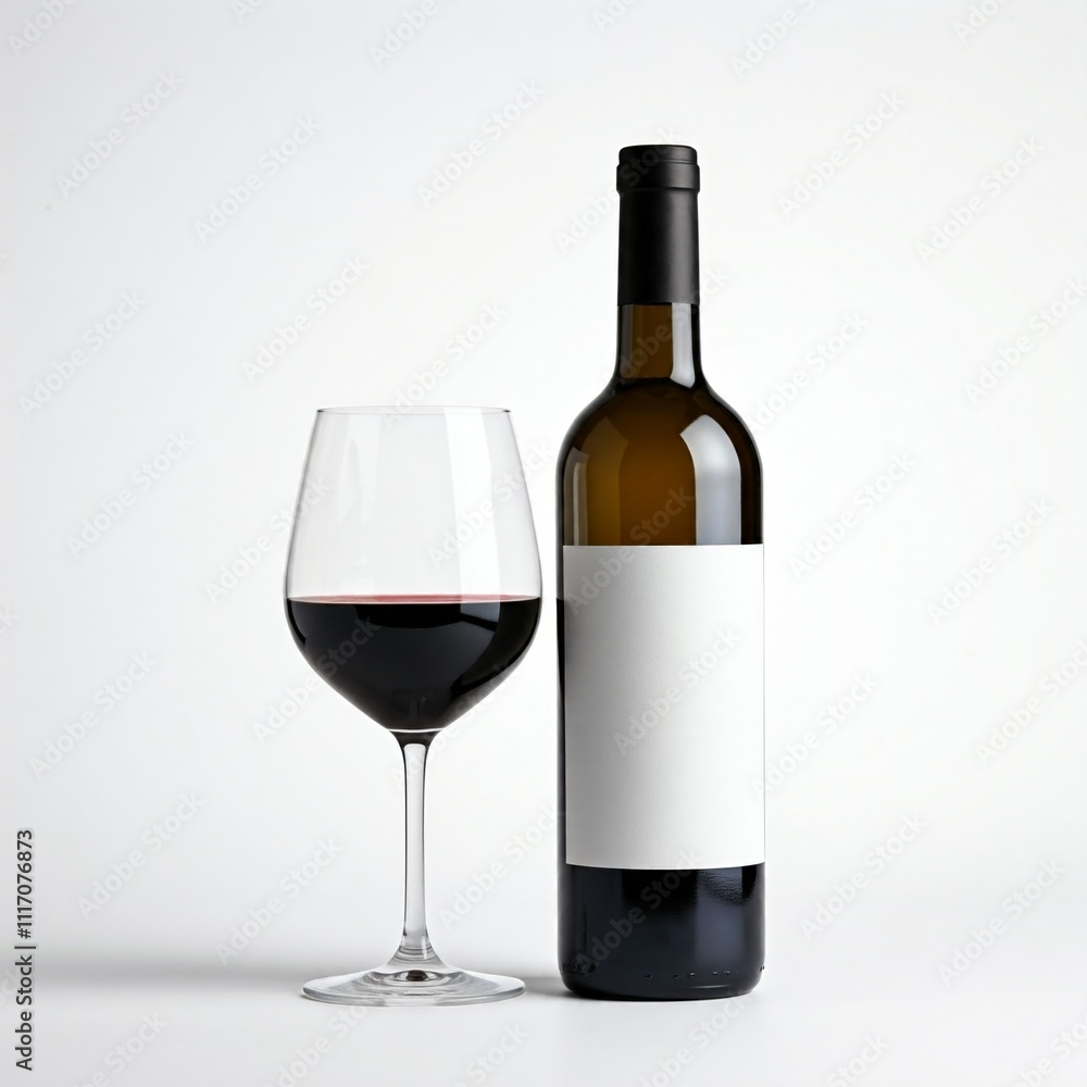 red wine bottle with blank label and glass of wine against a white background red wine bottle with blank label and glass of wine against a white background