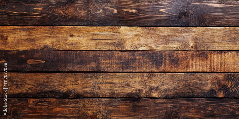 Naklejka premium Wooden planks with rich brown tones create rustic and warm background. texture and grain of wood add depth and character, perfect for various design projects