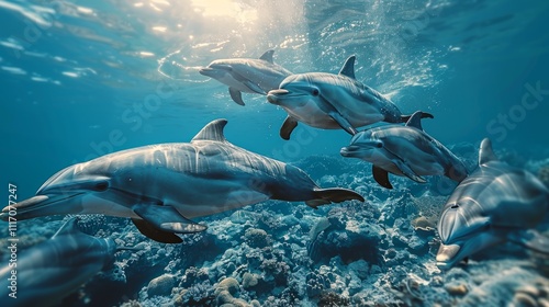 Dolphins swimming in vibrant coral reef.