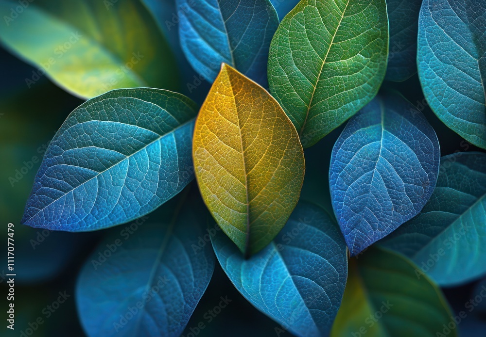 Obraz premium Abstract Textures of Colorful Leaf Patterns in Vibrant Green and Blue Shades