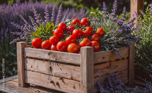 Wooden crate filled with tomatoes and lavender. The crate is on a table. There are many tomatoes in the crate photo