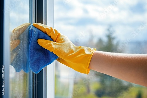 Person Cleaning Window with Blue Cloth and Yellow Gloves on Bright Sunny Day photo