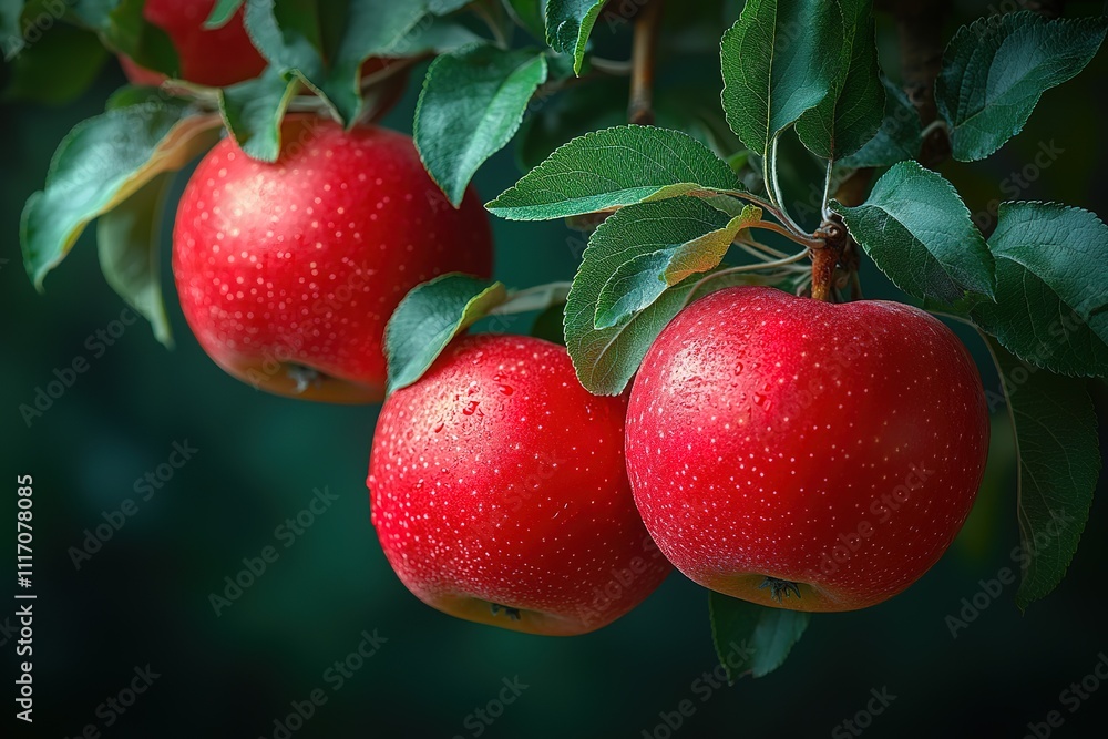 Obraz premium Three ripe red apples with water droplets hanging on a branch with green leaves, fresh fruit harvest