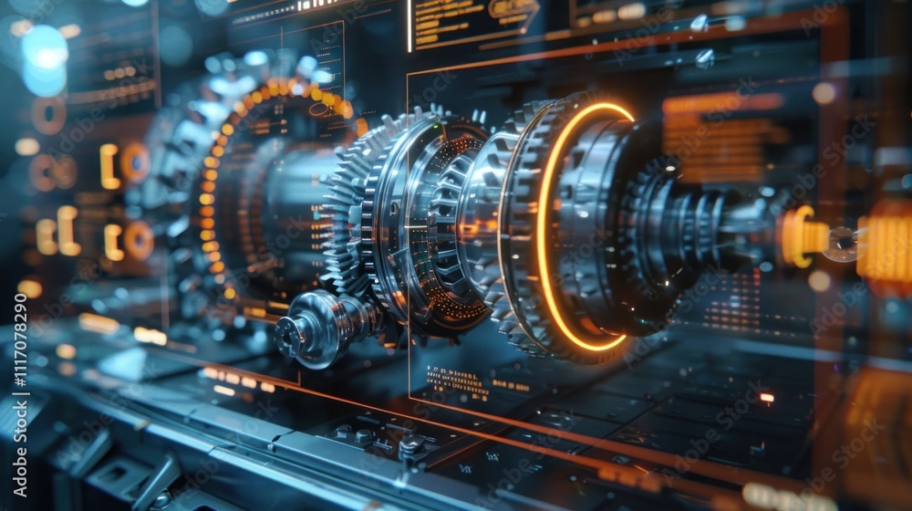 Futuristic turbine engine displayed on a digital interface. Futuristic turbine engine displayed on a digital interface.