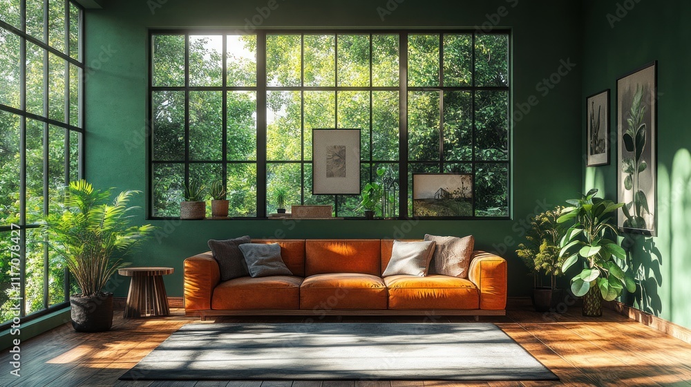 Modern Minimalist Living Room with Green Accent Wall and Scandinavian Furniture in Warm Tones Modern Minimalist Living Room with Green Accent Wall and Scandinavian Furniture in Warm Tones