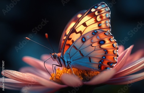 Tropical Swallowtail Butterfly on Beige Lily Flower with Water Drops Isolated on Black Background photo