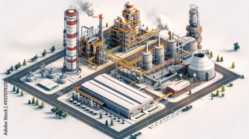 Isometric view of an industrial complex with various buildings, smokestacks, and transportation infrastructure. Isometric view of an industrial complex with various buildings, smokestacks, and transportation infrastructure.