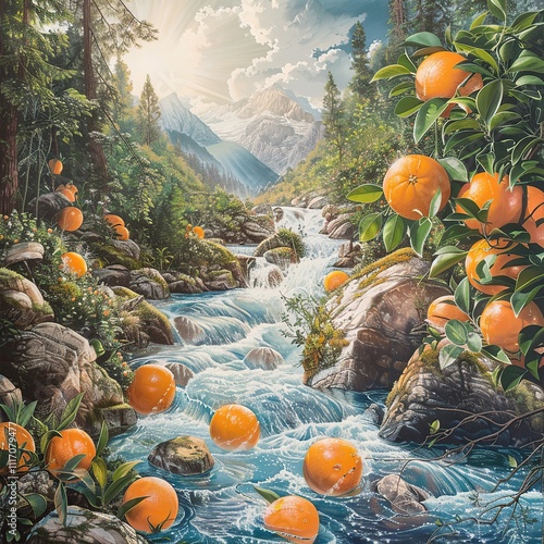 Wallpaper Mural Oranges falling into a mountain stream. Torontodigital.ca