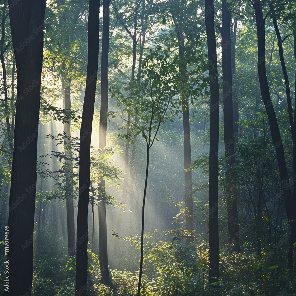 Fototapeta premium The morning sunlight penetrates and illuminates the misty forest, visible from between the trees and branches.