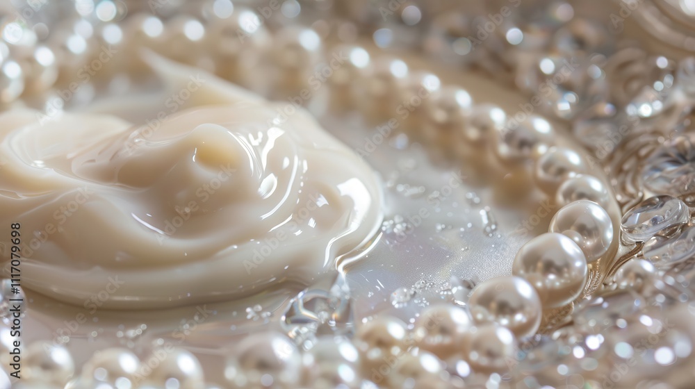 Herbal aloe vera oil for natural skincare benefits. Cream and pearls on a silver surface Herbal aloe vera oil for natural skincare benefits. Cream and pearls on a silver surface