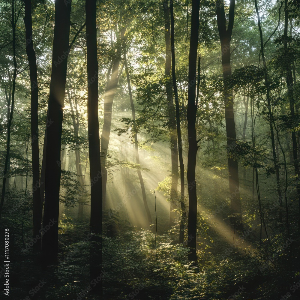 Fototapeta premium The morning sunlight penetrates and illuminates the misty forest, visible from between the trees and branches.