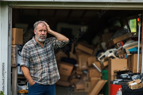 Confused Man Contemplates Cluttered Garage Full of Boxes Outside Home
