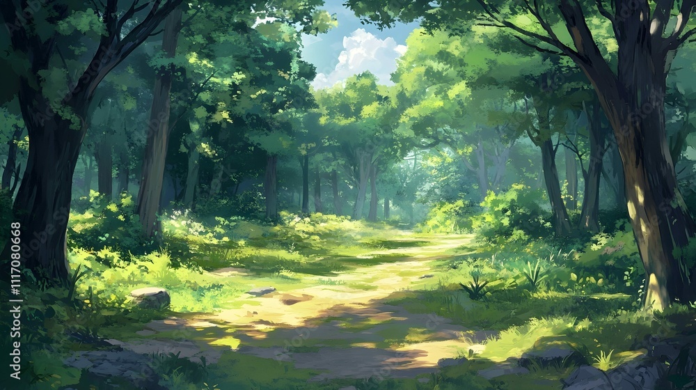 Sunlit path through a lush, green forest. Sunlit path through a lush, green forest.