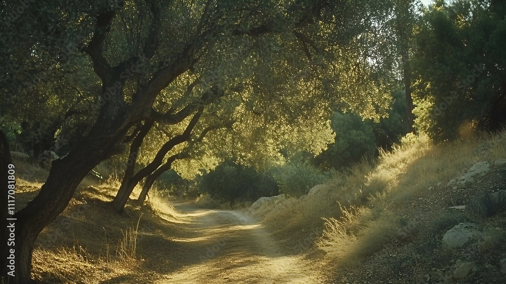 Sunlit path winding through a grove of olive trees on a hillside. Sunlit path winding through a grove of olive trees on a hillside.