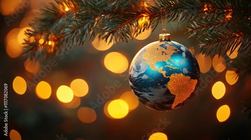 Earth Christmas Ornament Hanging from Tree Branch with Bokeh Lights and Warm Golden Hues