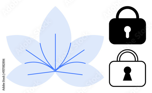 Flower with abstract detailing in center positioned next to two lock icons in black and white. Ideal for security, privacy, floral themes, digital safety, contrasting elements, graphic design