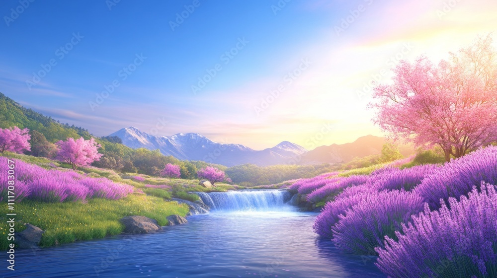 Obraz premium Serene Waterfall Landscape with Lavender and Cherry Blossoms