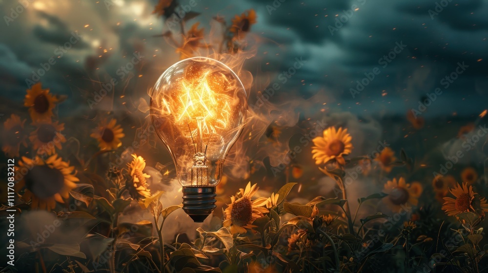 Fiery lightbulb in a sunflower field at sunset.