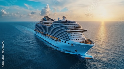 A grand cruise ship sails smoothly across tranquil ocean waters as the sun sets, casting a warm glow over the skyline and offering a serene ambiance. photo