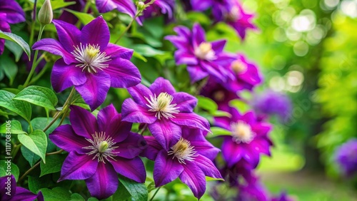 Beautiful clusters of purple clematis flowers blooming in a vibrant garden during late spring, clematis, flowers, purple