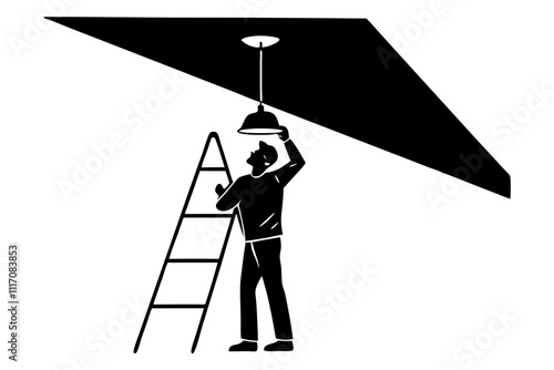 An electrician installing a light fixture on a ceiling