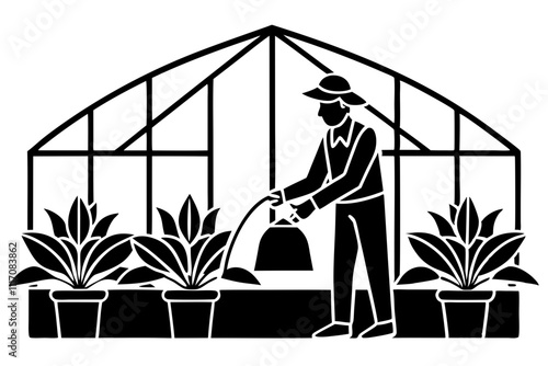 person watering flowers in greenhouse