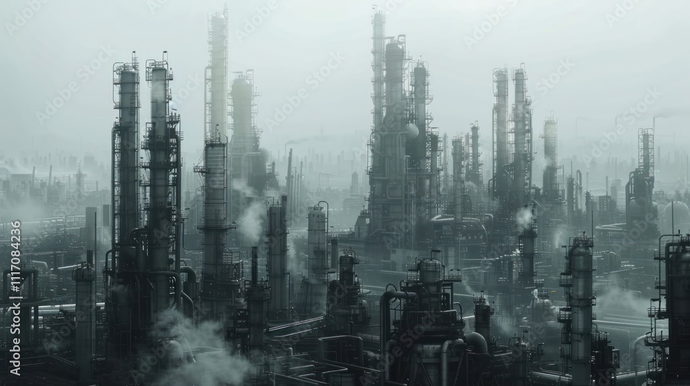 Foggy industrial complex with numerous towers and pipes emitting smoke. Foggy industrial complex with numerous towers and pipes emitting smoke.