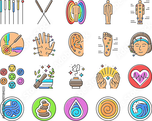 acupuncture massage therapy icons set vector. treatment medical, medicine spa, health chinese, alternative holistic, chiropractic acupuncture massage therapy color line illustrations