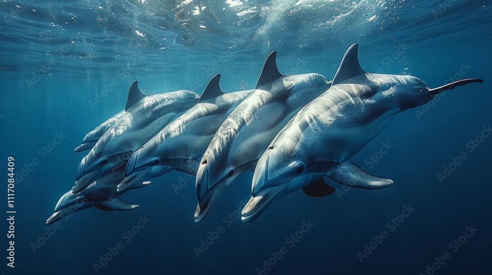 Four dolphins swimming together underwater in the ocean. Four dolphins swimming together underwater in the ocean.
