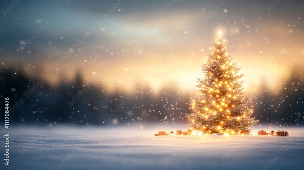 Magical Christmas Tree in Snowy Winter Landscape. Magical Christmas Tree in Snowy Winter Landscape.