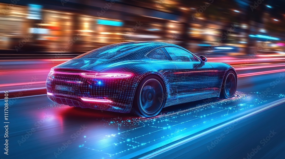Futuristic Sports Car with Neon Lights in Motion on a City Street at Night Showcasing Digital Technology and Innovation in Automotive Design Futuristic Sports Car with Neon Lights in Motion on a City Street at Night Showcasing Digital Technology and Innovation in Automotive Design
