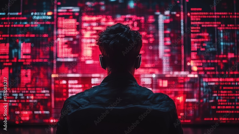 Person Sitting in Front of Red Digital Data Display Screen with Glowing Symbols and Codes, Engaged in Cybersecurity or Digital Analysis Process Person Sitting in Front of Red Digital Data Display Screen with Glowing Symbols and Codes, Engaged in Cybersecurity or Digital Analysis Process