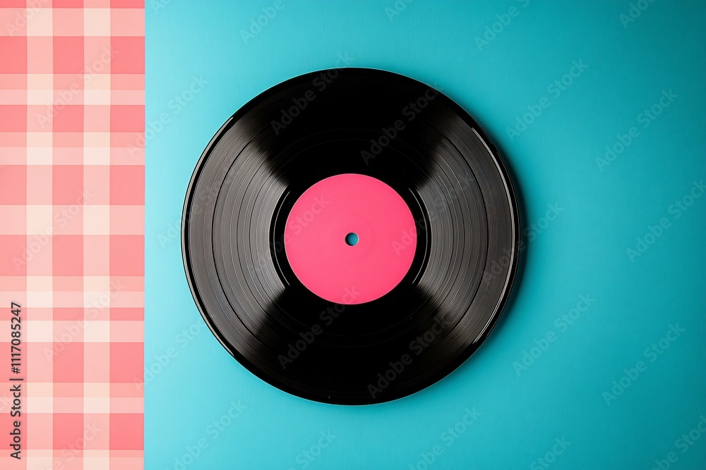 Obraz premium Colorful Vinyl Record on Pink and Blue Gingham Background