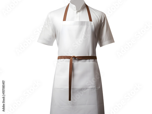 White apron with brown belt, suitable for chefs and cooks, displayed on a mannequin in a kitchen setting, perfect for culinary activities photo