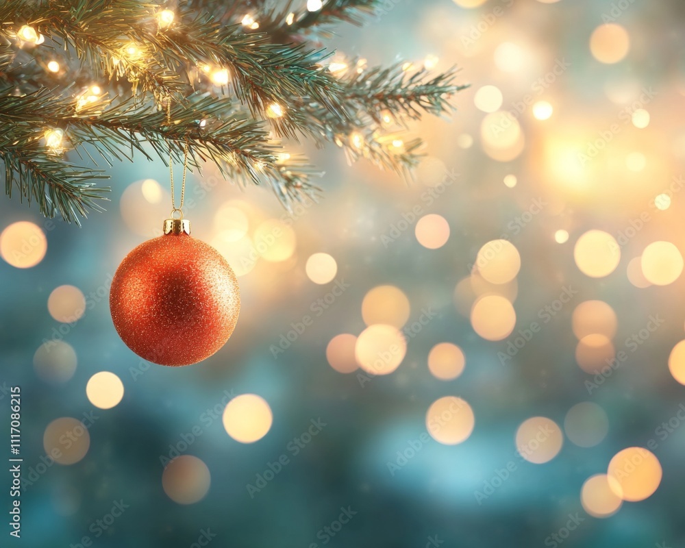 Christmas Ornament Hanging on Decorated Tree Branch with Bokeh Lights Christmas Ornament Hanging on Decorated Tree Branch with Bokeh Lights