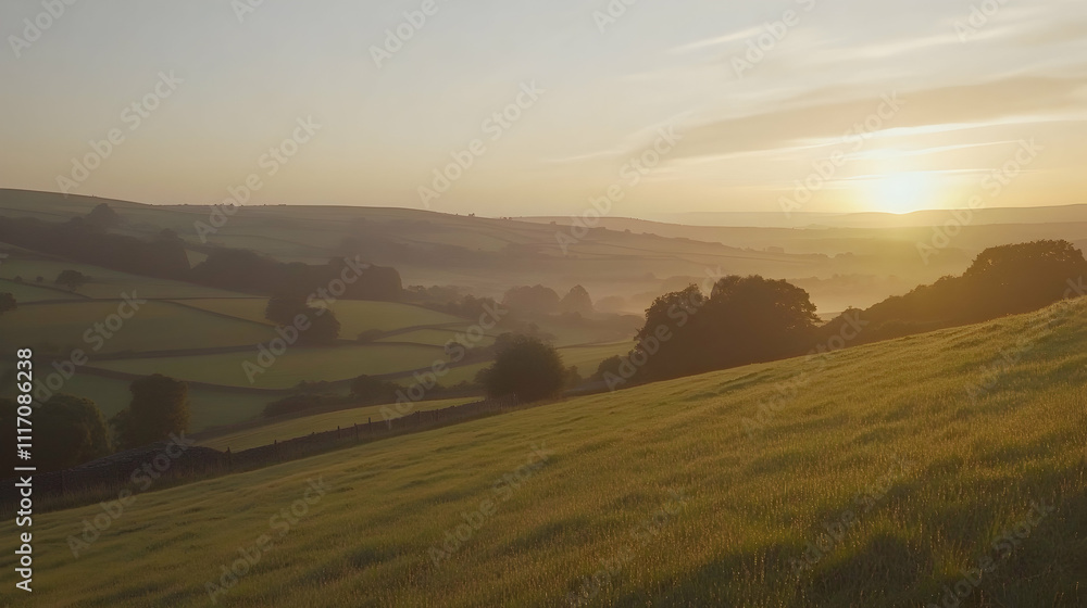 Fototapeta premium Sunrise over rolling green hills and valleys, mist in low areas.